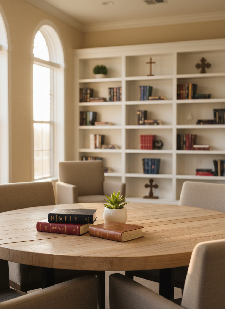 A peaceful church fellowship area without people, designed for community and Bible study, featuring a round wooden table at the center with three neatly stacked Bibles of different cover colors—navy, burgundy, and brown—beside a small potted green plant. In the background, built-in white bookshelves hold an orderly collection of Christian literature and a few tasteful cross ornaments. Soft afternoon light enters from large side windows, casting a warm, even glow across the scene. Photographic realism, composed at eye level with a moderate depth of field that keeps the table in clear focus while gently softening the shelves, conveying a welcoming, professional environment for growing in Christ together.