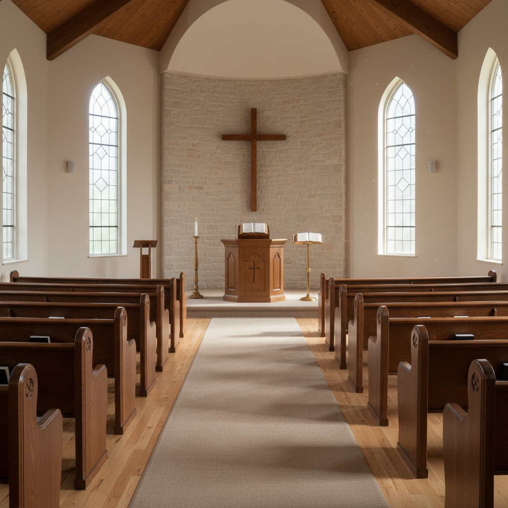 An elegant, uncluttered church sanctuary interior without people, featuring rows of polished wooden pews leading toward a modest yet dignified altar. At the front, a wooden cross is mounted on a light stone wall, with a simple pulpit and an open Bible positioned neatly below it. Soft natural light filters through tall, frosted windows on either side, casting gentle, elongated shadows on the smooth floor. The atmosphere is quiet, contemplative, and welcoming. Photographic realism, captured from a slightly elevated central aisle perspective with sharp focus throughout, emphasizing symmetry, order, and a peaceful place to worship and grow in Christ.