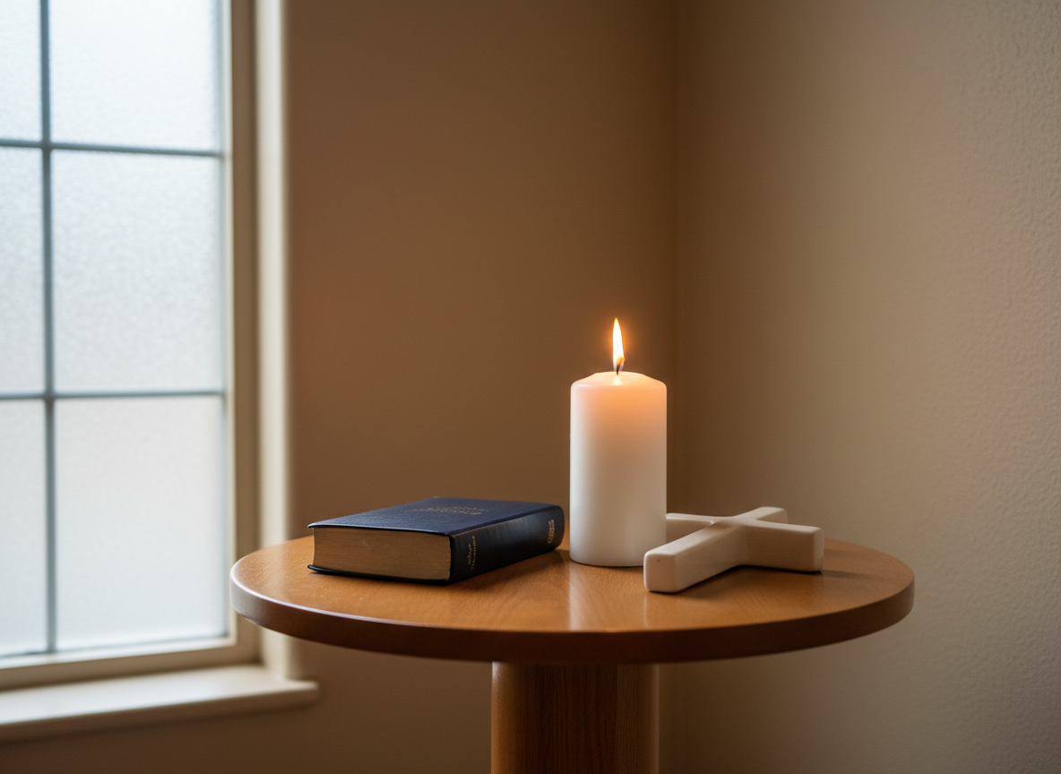A serene church prayer corner featuring a small, round wooden table with a neatly closed navy blue Bible, a lit white pillar candle, and a simple ceramic cross-shaped ornament. The table sits near a tall, narrow window with frosted glass, allowing soft, diffused daylight to wash the scene in a gentle glow. The wall is painted in a warm neutral tone, with subtle texture. The candle’s flame adds a warm, focal point of light, casting soft shadows and reflections on the tabletop. Photographic realism, eye-level composition with moderate depth of field, creating a calm, intimate, and professional space that suggests personal devotion, reflection, and spiritual growth.