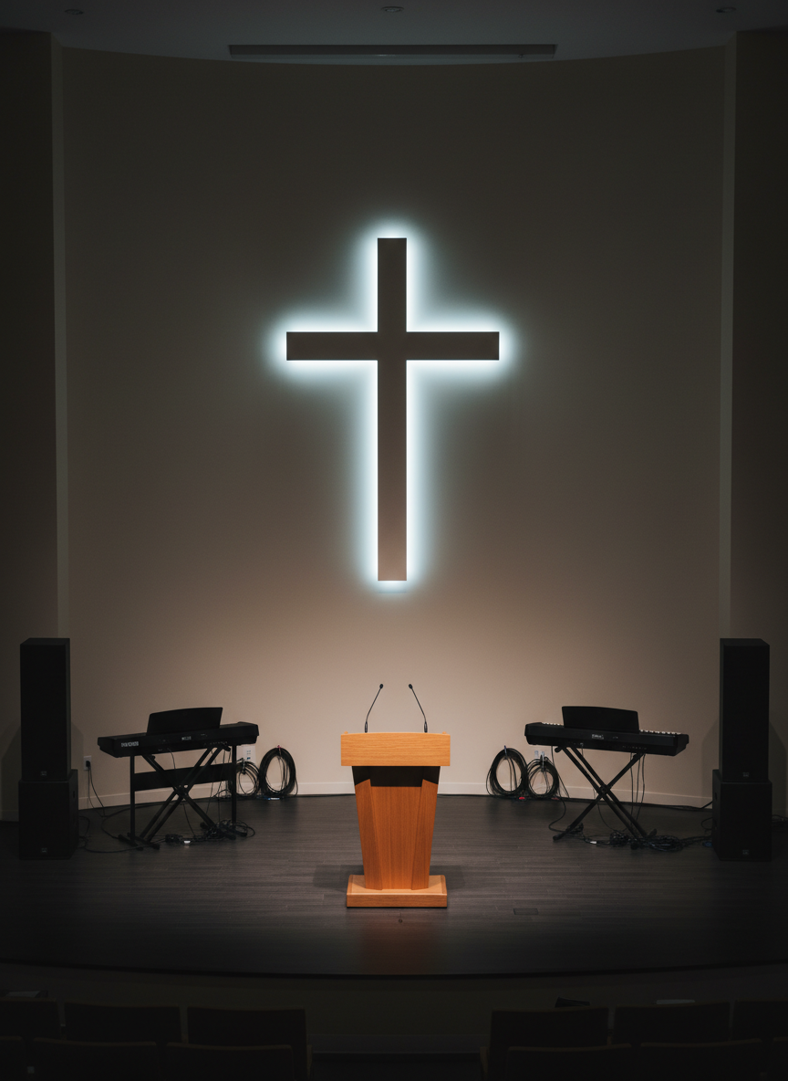 A modern church stage setup without musicians or people, featuring a simple wooden lectern centered in front of a large, backlit cross subtly integrated into a smooth, light-colored wall. On either side of the lectern, sleek black speakers and a closed digital keyboard on its stand rest neatly, with all cables carefully organized. Soft, cool-white overhead spotlights illuminate the lectern and cross, while the rest of the stage recedes into gentle shadow. The floor is a dark, matte wood that contrasts with the light backdrop. Photographic realism, wide-angle shot from the congregation’s perspective, emphasizing clarity, order, and a professional environment designed for preaching, worship, and praise.