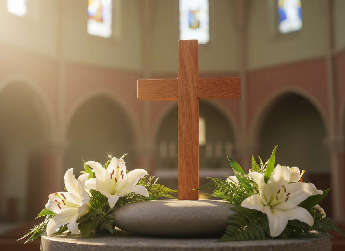 A close-up of a simple wooden cross standing upright on a small, smooth stone platform, surrounded by neatly arranged white lilies and greenery. The cross has a rich, warm wood grain with a matte finish, showing subtle texture and craftsmanship. Behind it, a softly blurred background reveals the suggestion of a church interior with muted earth tones. Soft golden hour light streams from the side, creating a gentle glow on the wood and delicate highlights on the lily petals. Photographic realism, shot from a low-angle, slightly off-center composition with shallow depth of field, evoking a sense of hope, reverence, and quiet praise.