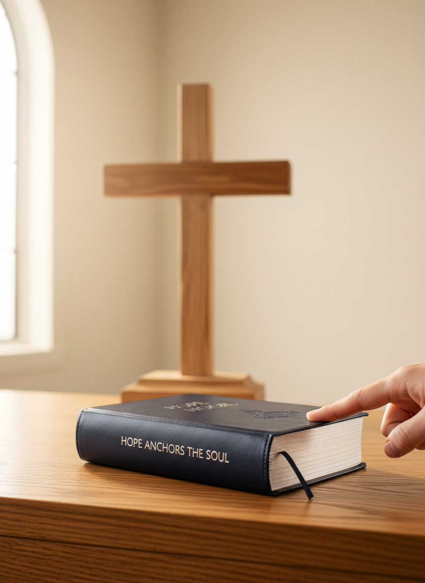 A beautifully bound dark navy leather Bible with silver-gilded pages gently open to a passage about hope, resting on a finely grained wooden altar table. Behind it, a simple wooden cross stands against a softly textured cream wall, subtly illuminated. Warm, diffused morning light streams from a high side window, creating gentle highlights on the Bible’s pages and a serene halo around the cross. The mood is peaceful, reverent, and inviting. Photographic realism, shot at eye level with a shallow depth of field that keeps the Bible in crisp focus while the background softly blurs, conveying a calm, professional, and worshipful atmosphere for a church setting.