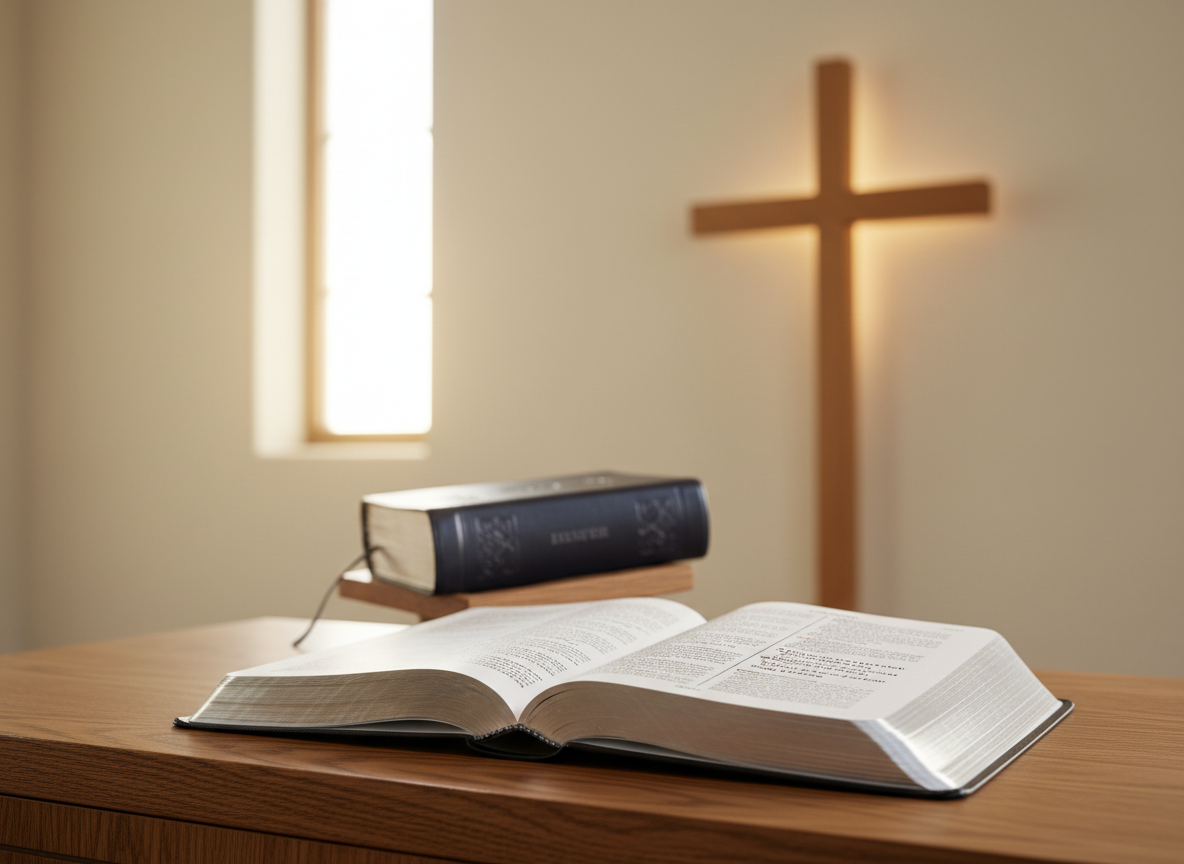 A beautifully bound dark navy leather Bible with silver-gilded pages gently open to a passage about hope, resting on a finely grained wooden altar table. Behind it, a simple wooden cross stands against a softly textured cream wall, subtly illuminated. Warm, diffused morning light streams from a high side window, creating gentle highlights on the Bible’s pages and a serene halo around the cross. The mood is peaceful, reverent, and inviting. Photographic realism, shot at eye level with a shallow depth of field that keeps the Bible in crisp focus while the background softly blurs, conveying a calm, professional, and worshipful atmosphere for a church setting.